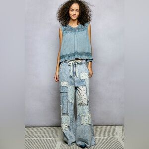 POL Button Closure on Back Ruffled Sleeveless Cotton Blouse with Trim Detail🆕